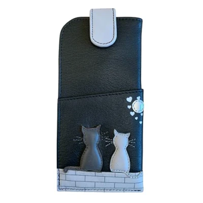 Image of Midnight Black &amp; Grey Cat Glasses case by Mala leather soft wide tab top ladies (Black)