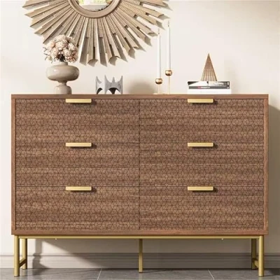 Image of BTM Embossed Design 6 Drawer Chest of Drawers, Walnut Drawers Bedroom, Anti Tip Sideboard with 120x40x75cm