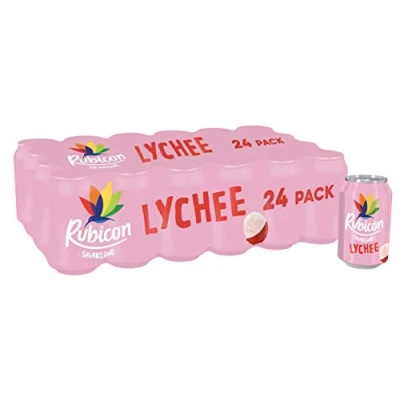 Image of Rubicon 24 Pack Sparkling Lychee Flavoured Fizzy Drink with Real Fruit Juice, Handpicked Fruits for a Temptingly Intense Taste &quot;Made of Different Stuff&quot; x 330ml Cans