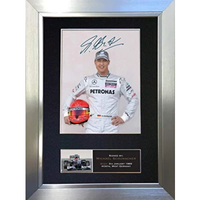 Image of MICHAEL SCHUMACHER Signed Autograph Mounted Photo Reproduction PRINT A4 Rare (297 x 210mm) #425 (Silver Frame)