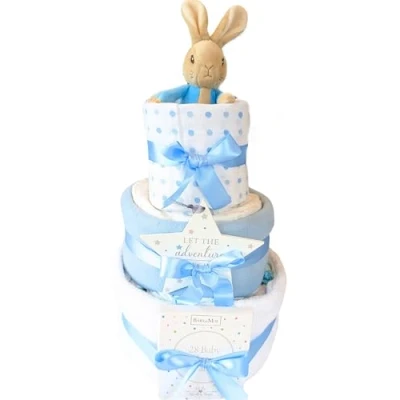 Image of Peter Rabbit Baby boy Gift Welcome to The World 3 Tier Nappy Cake for New Parents &amp; Blue Newborn hampers