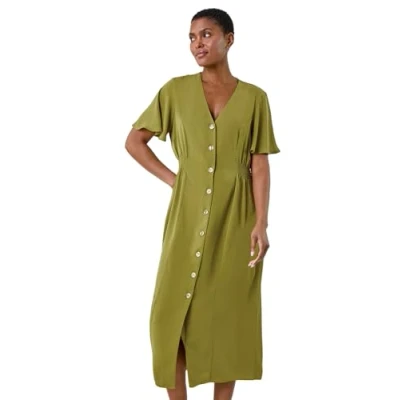 Image of Roman Originals Swing Tea Dress for Women UK Ladies Skater Midi A Line Fit &amp; Flare Summer Casual Smart Spring Cocktail Party Holiday Going Out Work Cruise Button Through Long Pea Green Size 12