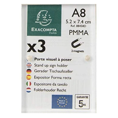 Image of Exacompta Ref 88458D Sign Holder with Magnetic Closure Suitable for A8 Paper, Made from PMMA (Acrylic) Material, Visible Both Sides Clear Transparent (Pack of 3)