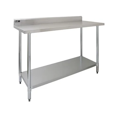 Image of 4FT Kitchen Work Bench Catering Table Stainless Steel Commercial Restaurant Food Prep Surface Storage Shelf 250kg Weight Capacity Adjustable Height 10cm Backsplash Upstand 2 x FREE Microfibre Cloths