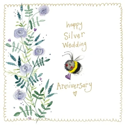 Image of Alex Clark Happy Silver Wedding Anniversary Bee Foil Card Bees Floral Nature Plants Cards To Celebrate Designed and Printed in the UK…