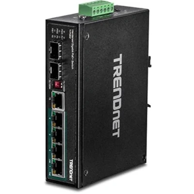 Image of TRENDnet 6 Port Hardened Industrial Gigabit PoE+ DIN Rail Switch, TI PG62, 4 x Ports, 1 Shared (RJ 45/SFP), Dedicated SFP, 120 W Power Budget, IP30,black