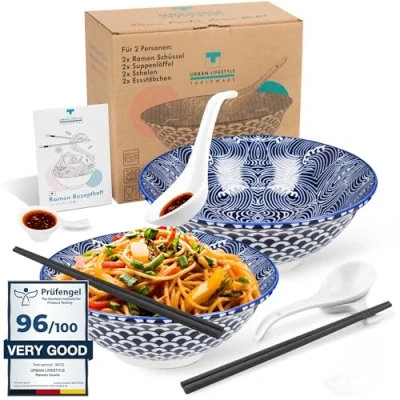 Image of Urban Lifestyle Ramen Bowl Dinner Set for 2 People, Porcelain, 20cm, Capacity 0.8 1 L, Soup Bowl, Salad Pho Noodles, Cereal Bowls, (Seigaiha)