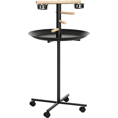 Image of PawHut Bird Play Stand Portable Feeder Station W/Wooden Perches, Stainless Steel Bowls