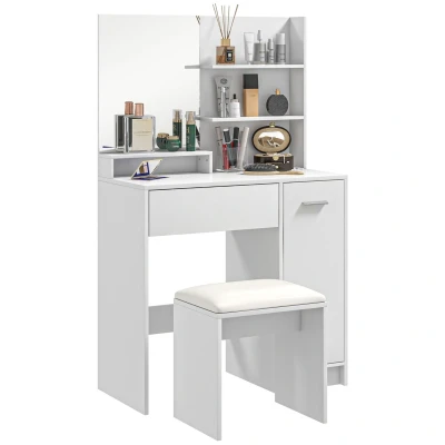 Image of HOMCOM Dressing Table with Mirror and Stool, Vanity Table, Modern Makeup Desk Drawer, Storage Cabinet Adjustable Shelf for Bedroom, White