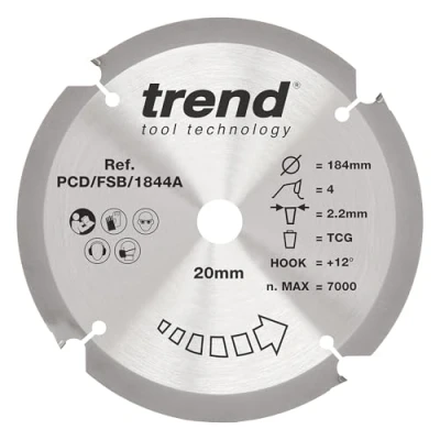 Image of Trend PCD Fibre Cement Circular Saw Blade, 184mm Diameter, 20mm Bore, 4 Teeth, 2.2mm Kerf, +12 Hook, PCD, Coarse Finish, PCD/FSB/1844A
