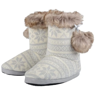 Image of Autumn Faith Ladies Grey Knitted Fairisle Bootie Slippers with Faux Fur Pompoms UK 3