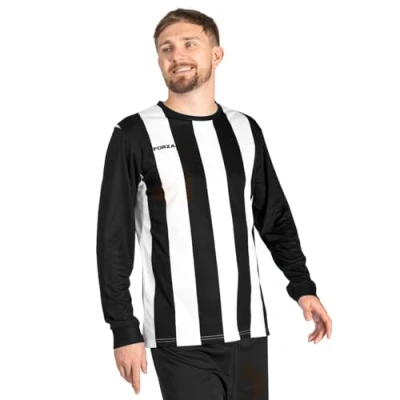 Image of FORZA Men’s Striped Long Sleeve Jersey Shirt [XS XXL] Premium Football T Shirts 5 Stripe Colour Options (UK, Alpha, M, Regular, Black and White)