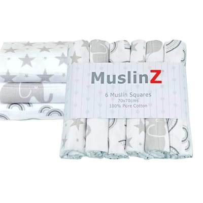 Image of MuslinZ 6pk Baby Muslin Squares Burp Cloths Dribble Cloth Breastfeeding Cover 70x70cm 100% Pure Cotton Absorbent &amp; Breathable (Grey Prints)