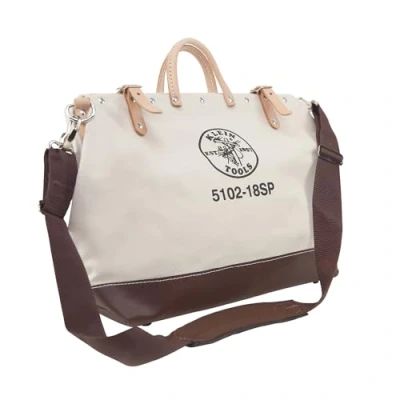 Image of Klein Tools 5102 18SP Deluxe Canvas Tool Bag Made of Natural with 13 Interior Pockets and Detachable Shoulder Strap, 18 Inch