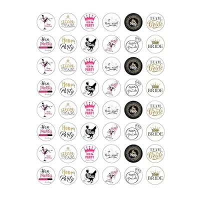 Image of 48 Team Bride Hen Do Themed Edible Wafer Paper Cake Toppers Decorations 2.5cm circles