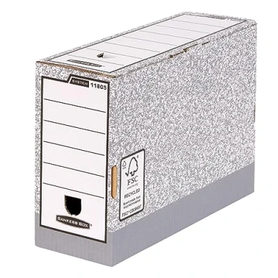 Image of 10 BANKERS Box A4 System Foolscap Transfer Files Cardboard Boxes for Foolscap, Folio and Paperwork W12 x H25.5 D36cm Pack of Grey