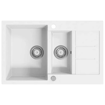 Image of vidaXL Granite Kitchen Sink Double Basin Heat/Scratch Resistant Reversible White Includes Basket Strainer Easy Install 800x500x306mm