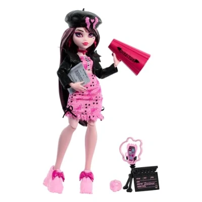 Image of Monster High Fearbook Draculaura Doll and Accessories Set with Movie Club Theme including Varsity Jacket, Yearbook, Script Film Props