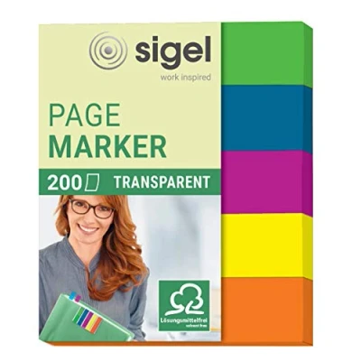 Image of SIGEL HN615 Transparent Index Page Markers, 5 x 40 strips, Blue/Pink/Yellow/Orange/Green