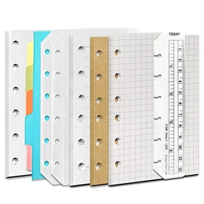 Image of DY.2ten A7 6 Hole Binder Notebook Refills Set (Gridded Paper + Lined Kraft Blank Loose Leaf Paper) 180 Sheets 2pcs Zipper Pockets 5 Pcs Dividers Ruler