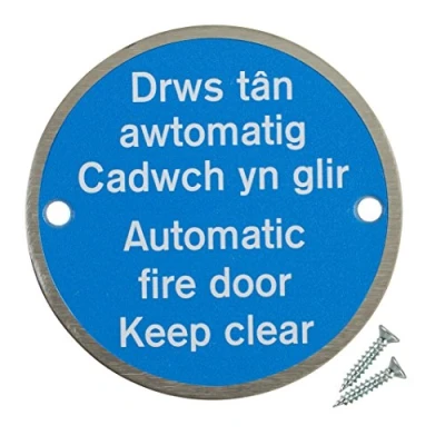 Image of Fire Door Guru® Welsh Automatic Keep Clear Sign 76mm Disc Stainless Steel Bi Lingual Safety Fixings Included