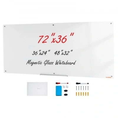 Image of VEVOR Magnetic Glass Whiteboard, Dry Erase Board 72&quot;x36&quot;, Wall Mounted Large White Glassboard Frameless, with Marker Tray, an Eraser and 2 Markers,