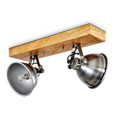 Image of Ceiling lamp Svanfolk, Metal/Wood in zinc/Nature, 2 Flame, with Adjustable spotlights, x E14 Socket, Retro/Vinatge Design, Without Bulbs