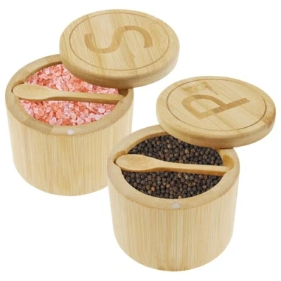 Image of Salt and Pepper Bowl,Kitchen Spice Jar,Bamboo Cellar with Magnetic Lid Spoon,Salt Storage Box,Multipurpose Seasoning Container for Sugar