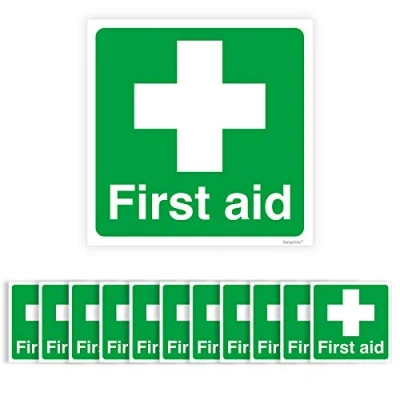 Image of Pack of 12 First Aid Sign Sticker Self Adhesive Waterproof Vinyl 50mm x V1155
