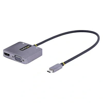 Image of StarTech.com USB C Video Adapter, to HDMI VGA Multiport Adapter w/ 3.5mm Audio Output, 4K 60Hz HDR, 100W PD 3.0, Display Travel (122 USBC VGA), Gray