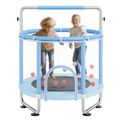 Image of VEVOR 55&quot; Kids Trampoline, 4.6FT Indoor Outdoor Mini Toddler Recreational Trampolinewith Safety Enclosure Net and Basketball Hoop, Birthday Gifts Christmas Toys for 3+ Years Children, Blue