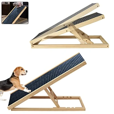 Image of Pet Ramp for Dogs, Solid Wooden Car Dog Ladder 4 Height Adjustable with Non slip Carpet Safety Pets Folding Puppy Surface Access Stair Multipurpose