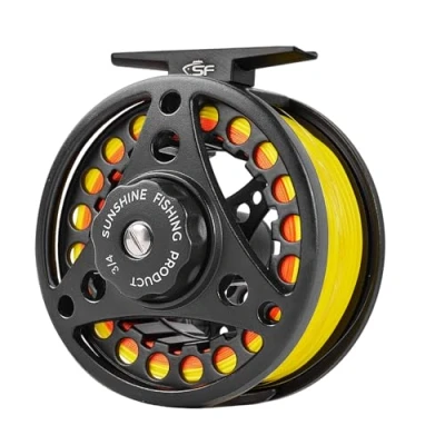Image of SF Large Arbor Fly Fishing Reel 3/4wt Aluminum Alloy Body Die Cast Matt Black Pre Loaded with Line Combo Fluorescent Yellow