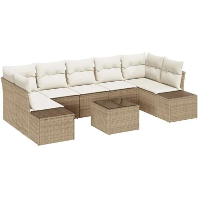 Image of vidaXL 8 Piece Garden Sofa Set with Cushions Beige Poly Rattan