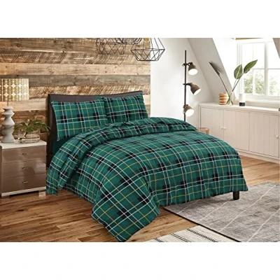 Image of SELECT ED® Thermal Luxury 100% Brushed Cotton Flannelette Duvet Cover Bed Set Cosy Warm Soft (Tartan Check Green, King)