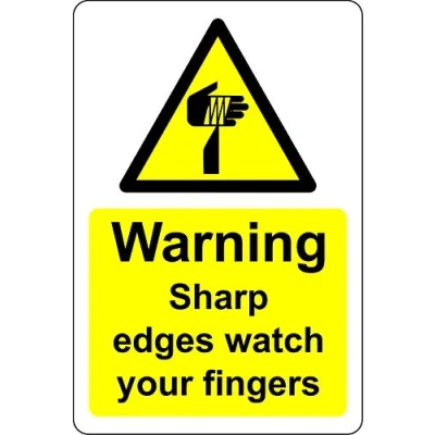Image of Warning sharp edges watch your fingers Safety sign Self adhesive sticker 150mm x 100mm