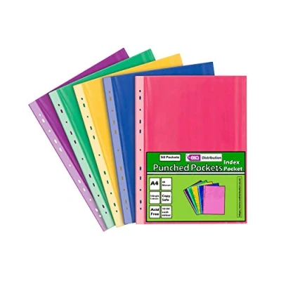 Image of A4 Clear Plastic Punched Pockets Filing Folders Wallets Sleeves Document Files (Punched Colour 50)