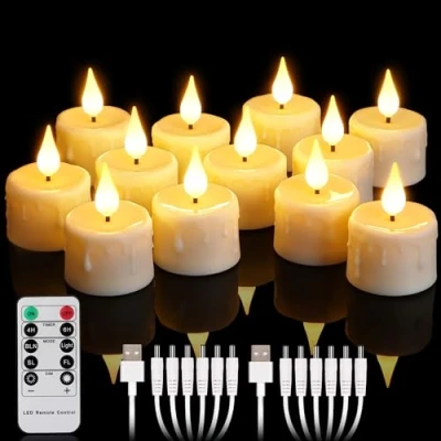 Image of yunsheng Pack of 12 Rechargeable Tea Lights with Remote Control and 4/6H Timer, Flameless Flickering LED Candles 2 USB Cables, 3D Silicone Wick, Warm White Light for Home Decoration