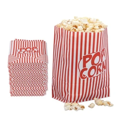 Image of Relaxdays Popcorn Bags, Set of 48, Striped, Retro Look, Cinema, Movie Night Accessory, Paper, Container, Red/White, 26 x 13 8 cm