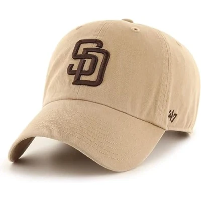 Image of 47 Brand MLB Khaki Primary Logo Clean Up Adjustable Strap Baseball Dad Hat Cap, Adult One size Fits All, San Diego Padres,