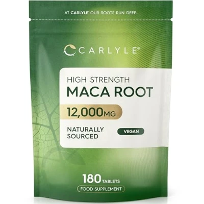 Image of Maca Root Tablets 12,000mg Naturally Sourced &amp; High Strength Extract 180 Vegan Supplement for Men Women by Carlyle