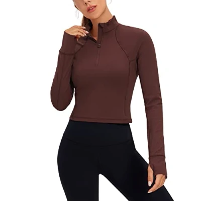 Image of CRZ YOGA Women&#039;s Butterluxe 1/2 Zip Long Sleeve Shirts Sports Crop Tops Gym Sweatshirt Running Cropped Jacket Pullover with Thumbhole Taupe 8