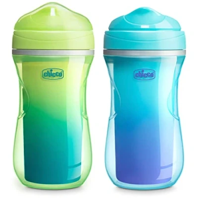 Image of Chicco Insulated Rim Spout Trainer Spill Free Baby Sippy Cup, 9 oz. in Green/Teal Ombre Two Pack