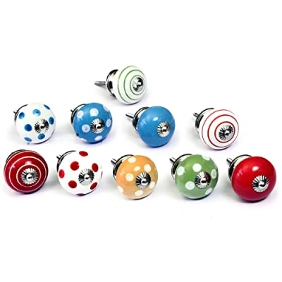 Image of Set of 10 Ceramic knobs in Several Colours, Hand Painted with Different Designs. Handcrafted Handles for cabinets, Drawers, Dressers and Hangers. Classic 40mm Diameter.