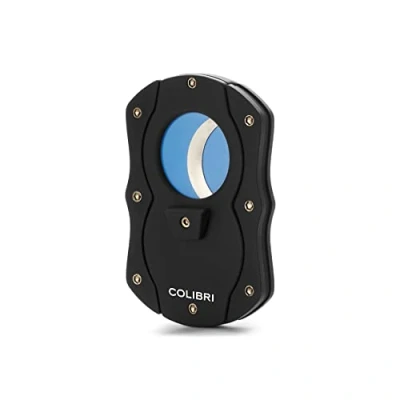 Image of Colibri cut Double Guillotine Cigar Cutter Black with Blue accents Spring Loaded ReleaseUp to 62 Ring Gauge Cigars Ergonomic Design Includes Gift box