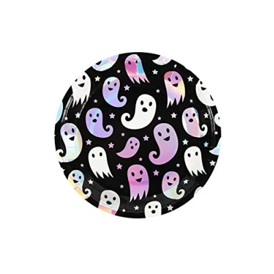 Image of Smiffys Ghost Tableware, Party Print Plates x8 300g, 23cm Diameter, Halloween Fancy Dress Accessory, Up Goods