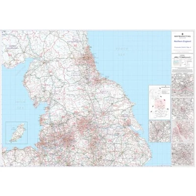 Image of Laminated District Postcode Map 4 Of Northern England (Newcastle upon Tyne, Leeds, Manchester &amp; Liverpool) Includes motorways, primary roads, and &#039;A&#039; &#039;B&#039; roads Highlighting major towns cities