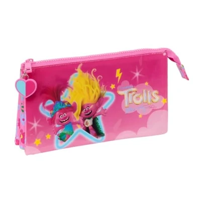 Image of Safta Trolls 3 Triple Pencil Case, Children&#039;s Ideal for School Age Children, Comfortable and Versatile, Quality Resistance, 22 x 12 cm, Pink, Estándar, Casual