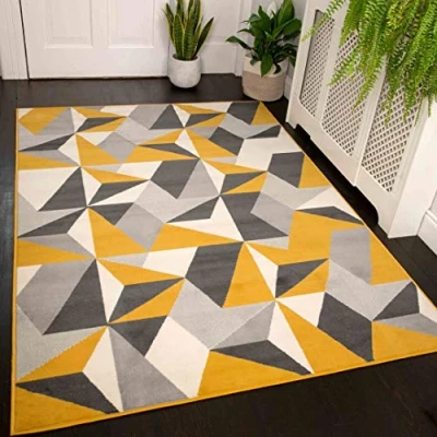 Image of Modern Ochre Grey Vibrant Geometric Living Room Carpet Rug Durable Non Shed Yellow Slate Lounge Hallway Bedroom Area Rugs 80cm x 150cm