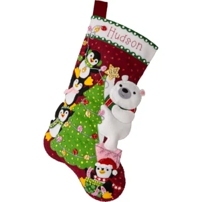 Image of Bucilla, Arctic Tree Trimmers, Felt Applique 18&quot; Stocking Making Kit, Perfect for DIY Arts and Crafts, 89741E